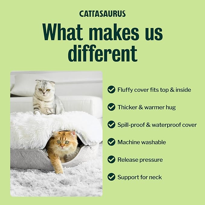 CATTASAURUS Peekaboo Cat Cave for Multiple & Large Cats Up to 30-45 Lbs, Fluffy Cat Beds for Indoor Cats, Scratch Detachable & Washable Tunnel Bed, Comfy Donut Cave (Light Gray, Large (Calming))