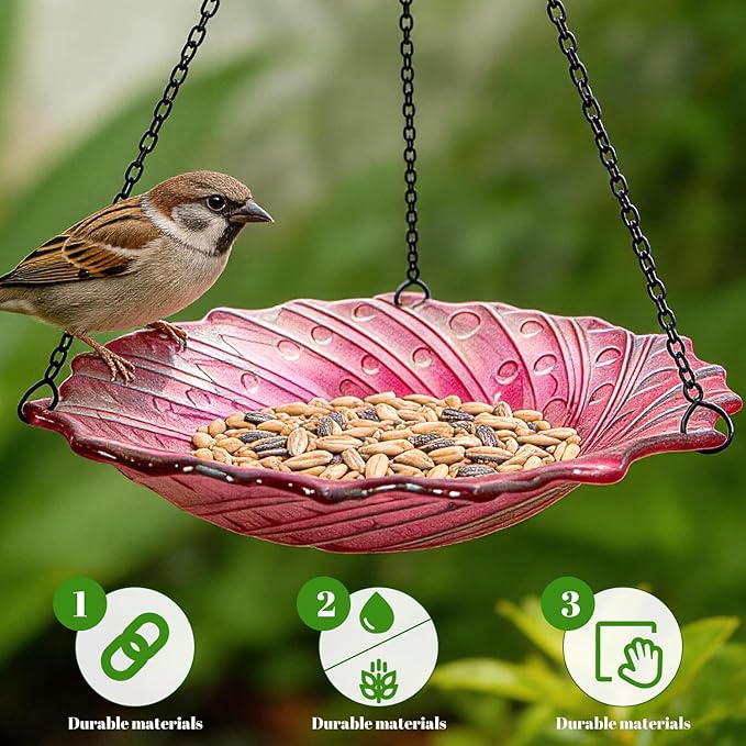 HONGLAND Bird Baths for Outdoors, 11" Pink Glass Birdbaths Outdoor Birdfeeder with Metal Stake