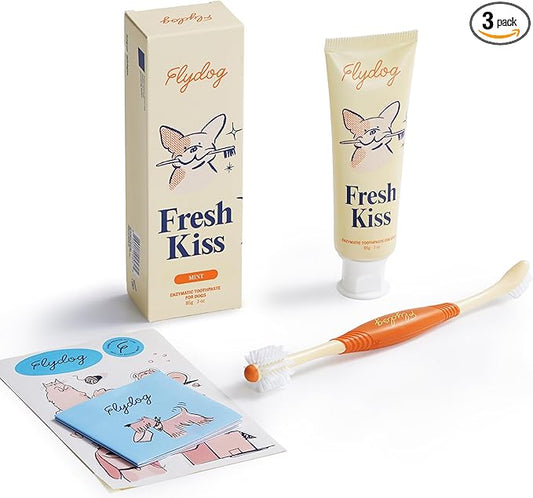 Flydog Fresh Kiss Dog Tooth Brushing Kit, Enzymatic Dog Toothbrush and Toothpaste- Vet Approved Formula, Breath Freshener & Tartar Remover, 360° Toothbrush for All Round Cleaning (Mild Mint)