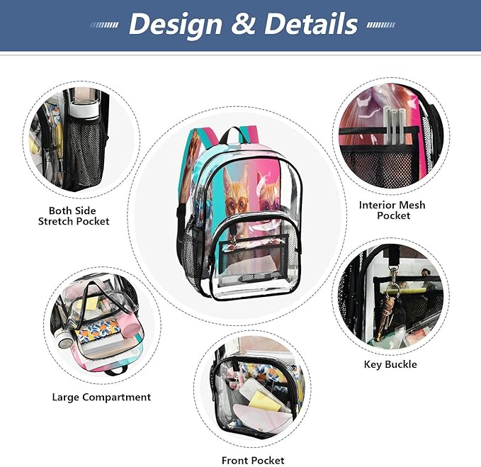 Three Cool Cats Clear Backpack with Back Print, Heavy Duty See Through Backpacks PVC Transparent Daypack for Travel Security