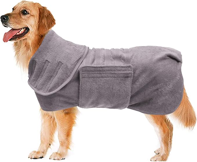Geyecete Dog Drying Coat - Fast Dry Dog Bathrobe Towel - Super Absorbent Microfibre Pet Cat Bath Robe, Luxuriously Soft-Gray-XXL