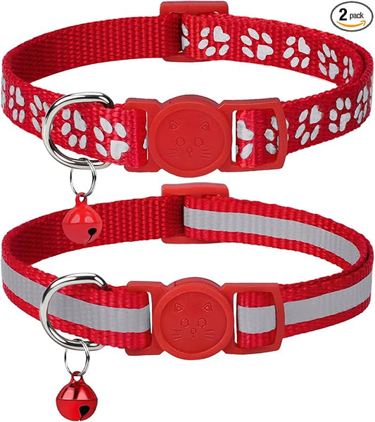 Taglory Kitten Collar Breakaway with Bell, Reflective Soft Cat Collar for Small Kittens, Adjustable 6-8 Inch High Visibility Night Strip, Lightweight for 2-6 Months Baby Cats, 2 Pack, Red