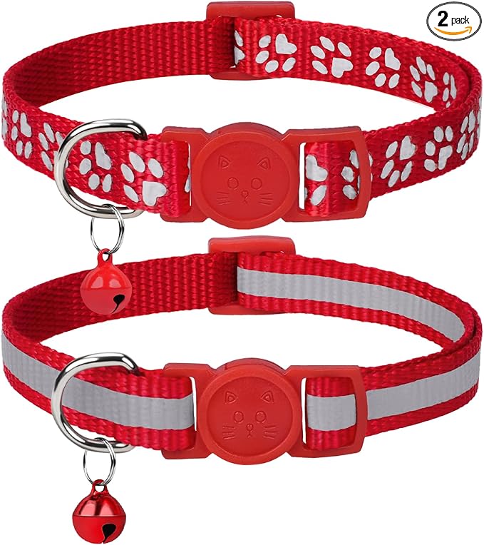 Taglory Reflective Cat Collar Breakaway with Bell, High Visibility Night Strip, Lightweight Adjustable Nylon Collar for Boy Girl Cats, 2 Pack, 7.5-12.5 Inch, Red
