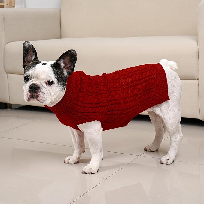 2 Pack Dog Sweaters for Medium Dogs Winter Turtleneck Pullover Cable Knit Fleece Stretch Frenchie Dachshund Pug Corgi Beagle Boy Girl Pet Clothes (M, Red & Brown)