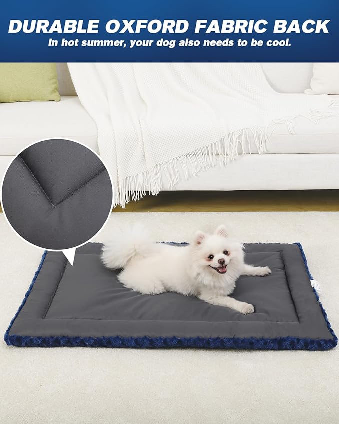 Washable Dog Bed Mat Ultra Soft Dog Crate Pad Comfy Fluffy Pet Kennel Beds Sleeping Mattress for Large Jumbo Medium Small Dogs, 36 x 23 Inch, Blue