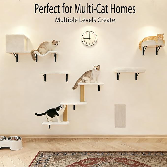 Cat Wall Shelves, 10-Piece Complete Cat Wall Furniture System with Perches and Scratching Posts, Stable Floating Climbing Set for Large Indoor Cats, Space Saving Kitty Furniture - Beige