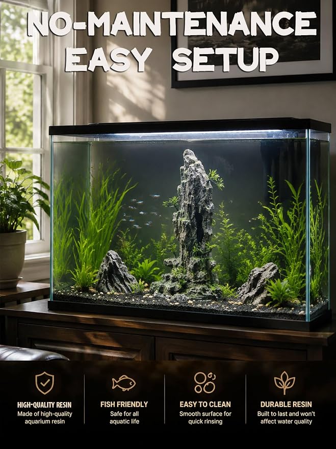 Aquarium Decor - Tall and Large Mountain Rock Ornament for Fish Tank, Aquarium Hideout with Rock Texture for Betta, Guppy, Shrimp - Safe Aquatic Decoration, Fish Hiding House（Black）