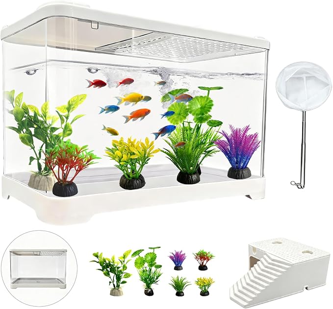 3.5 Gallon Plastic Betta Fish Bowl, Unbreakable Small Portable Fish Tank - Desktop Aquarium Starter Kit,Clear Rectangular Fish Tank for Goldfish Aquatic Shrimp 9-Piece Set for Home Decoration.