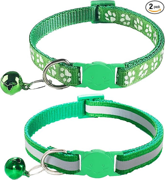 2 Pack Breakaway Cat Collars with Bells, Reflective Design and Claw Print Design, Safety Buckle, Adjustable 7.5-12.5 Inches for Kittens & Cats (Green)