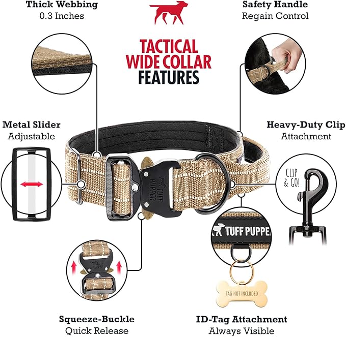 Tuff Pupper Tactical Dog Collar | Heavy Duty 1.5" Wide Ballistic Nylon | Training Control Handle | Quick-Release Metal Buckle | Reflective Bands | ID Tag Holder | Padded Inner Lining (Tan, Large)