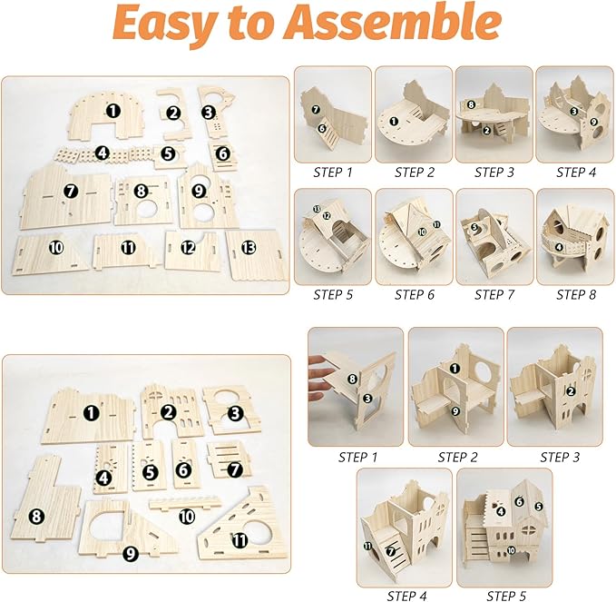 BNOSDM Double Hamster Hideout House, Wooden Hamster Toy with Balcony & Seesaw, Small Animals Hides for Syrian Dwarf Hamsters, Gerbils