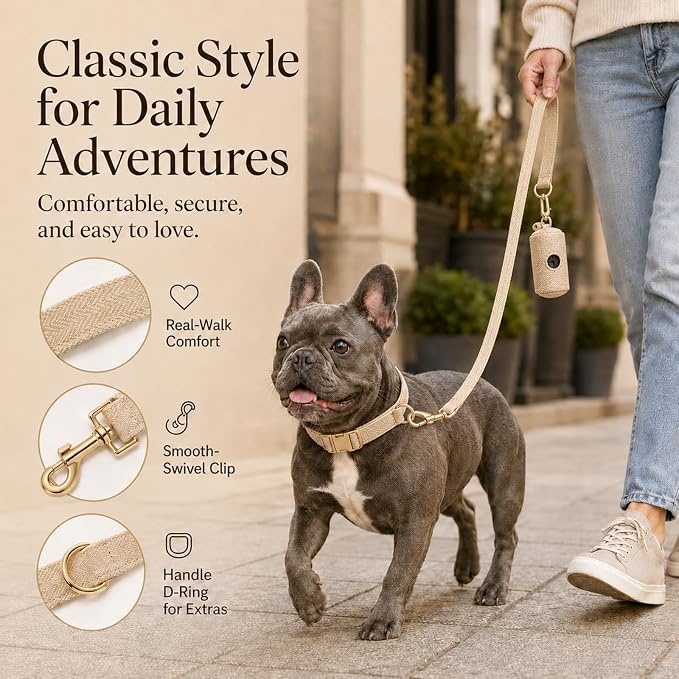 Herringbone Tweed Dog Collar and Leash Set for Small Dogs, Light Beige | Snag-free, no-rub design. Soft breathable cotton, gentle on fur. Adjustable durable matching combo for walks & outdoors.