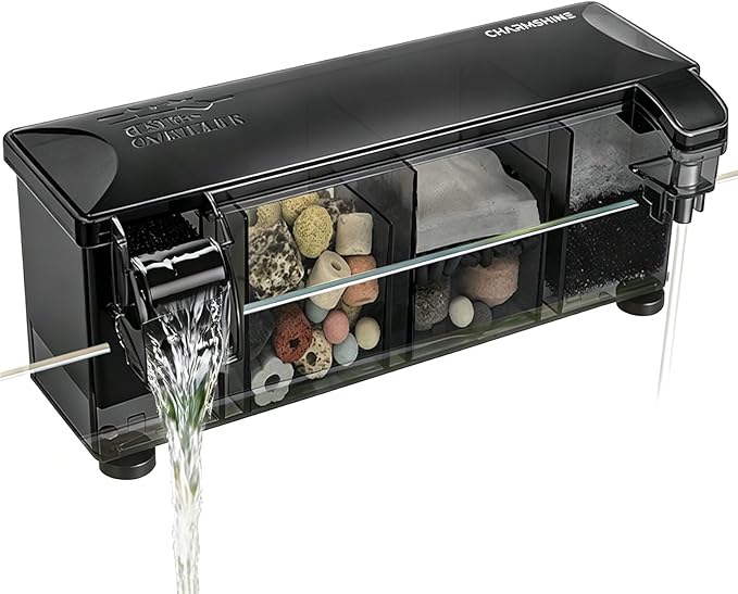 Hang-on-Back Aquarium Filter Box with Reusable Filter Media, Waterfall Oxygenation, Fits High & Low Water Level, for 10-20 Gallon Fish & Turtle Tank (Pump Not Included)