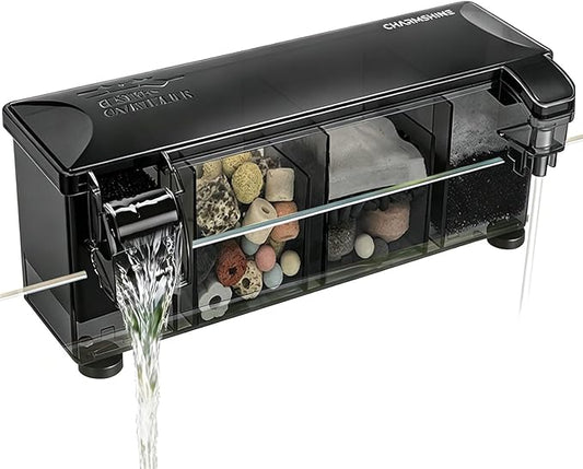 Hang-on-Back Aquarium Filter Box with Reusable Filter Media, Waterfall Oxygenation, Fits High & Low Water Level, for 10-20 Gallon Fish & Turtle Tank (Pump Not Included)