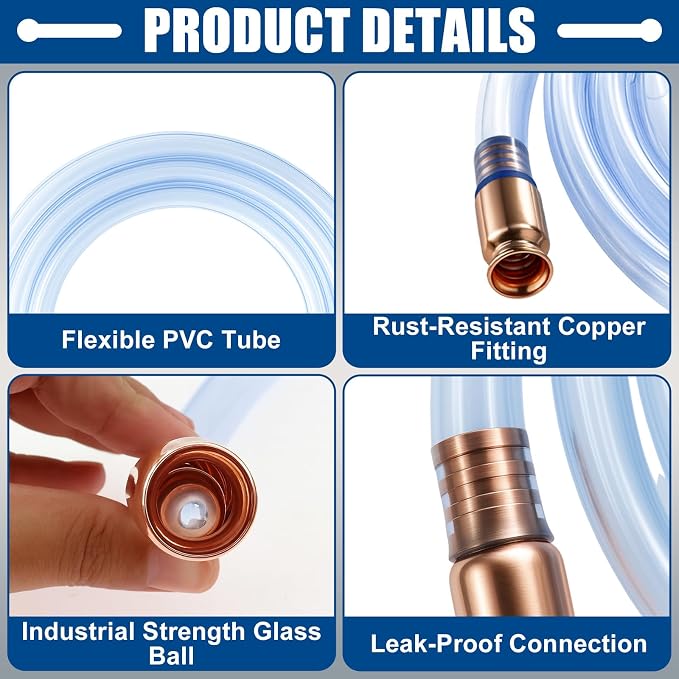 2 Pack 10FT Shaker Siphon Hose, 1/2" Gas Siphon Pump for Fuel Transfer | Self-Priming Copper Valves, Reusable PVC Hoses for Gasoline, Diesel and Water Transfer, for Gas Cans, Boats and Equipment