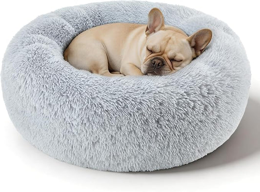 Dog Calming Beds for Small Medium Dogs - Round Donut Washable Dog Bed, Anti-Slip Faux Fur Fluffy Donut Cuddler Anxiety Cat Bed(Light Grey 28")