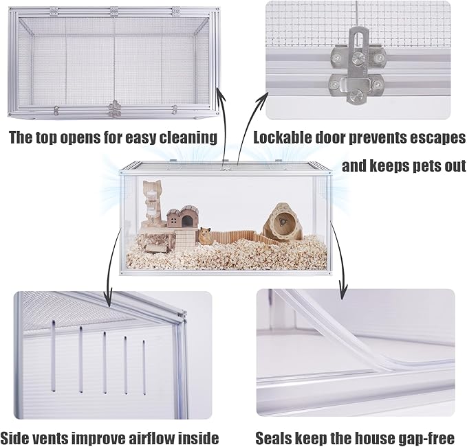 Large Hamster Cage, 32 x 16 x 16 in Chew-Proof Metal Frame, Clear Acrylic with Vent Holes, Hinged Top with Stainless-Steel Mesh — Hamster Enclosure