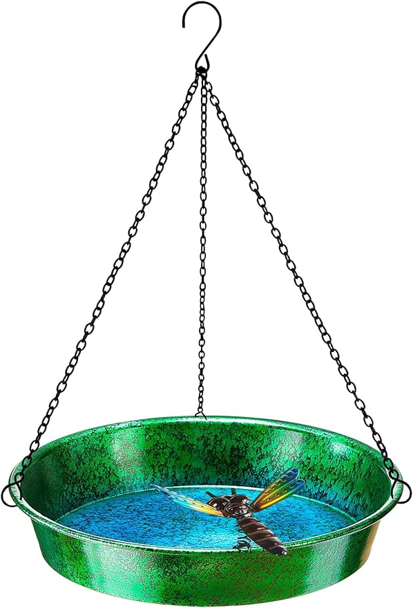 Hanging Bird Bath for Outside, 11.5” Metallic Green & Blue Metal Birdbath Bowl & Feeder with Black Chain Outdoor Garden Yard Decor