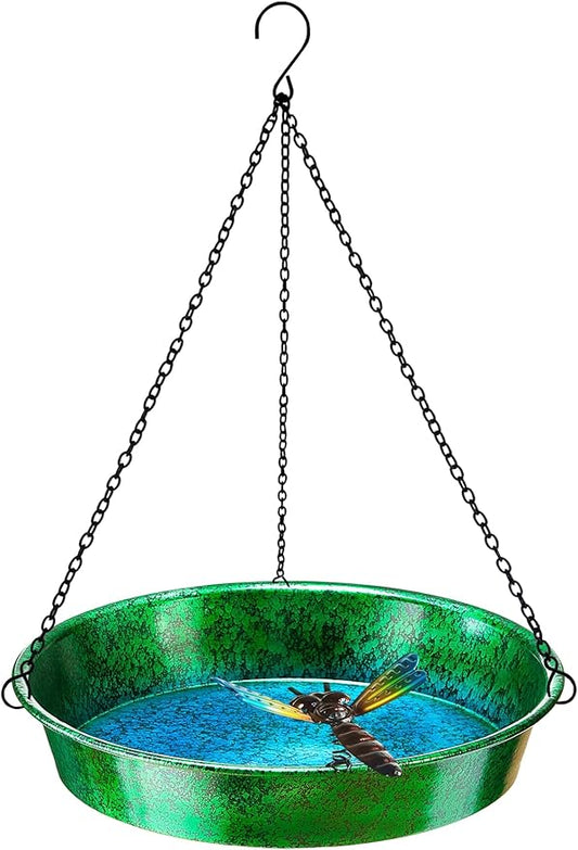 Hanging Bird Bath for Outside, 11.5” Metallic Green & Blue Metal Birdbath Bowl & Feeder with Black Chain Outdoor Garden Yard Decor