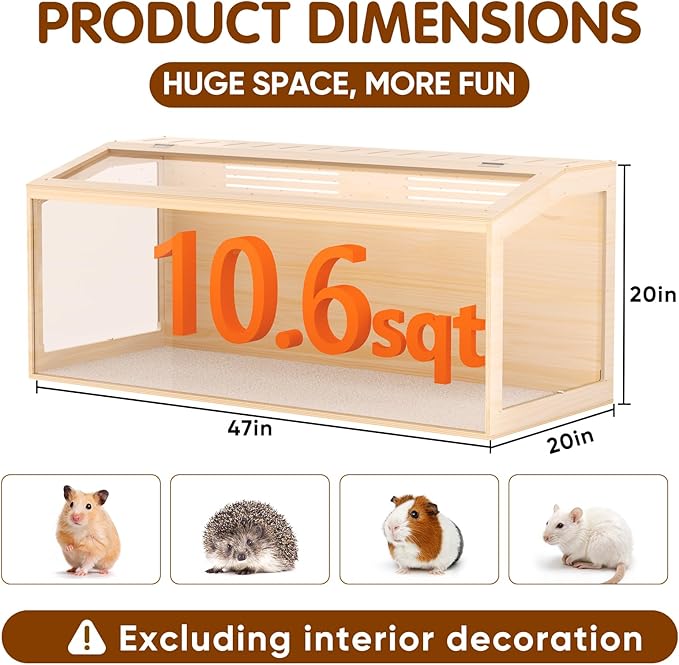 Wooden Hamster Cage, 48inch Large Hamster Cage Enclosure with Openable Top & Thickened Acrylic for Small Animals, Guinea Pig, Rabbit, Rat, 48"L x 20''W x 20''H Hamster Habitat with Multi-vent