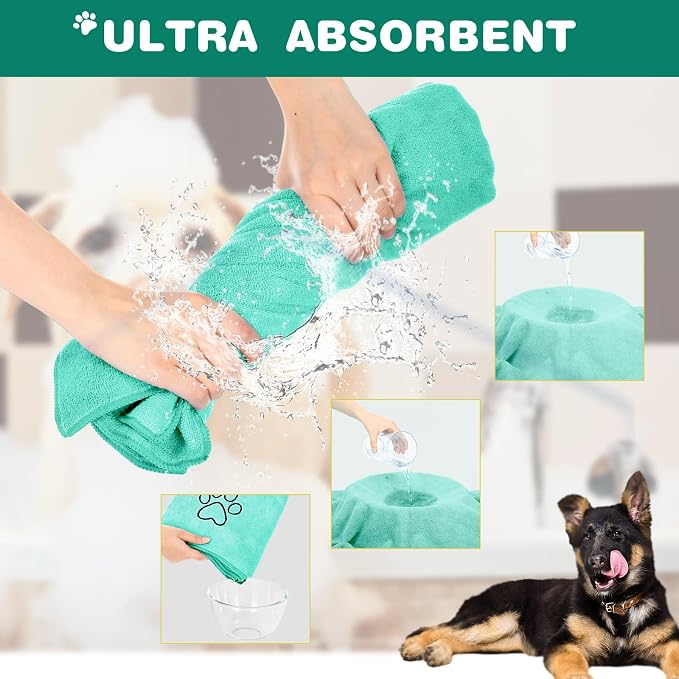 Chumia 4 Pack Dog Towels for Drying Large Microfiber Grooming Tools Absorbent Soft Bath Supplies with Embroidered Paw for Small Medium Pet Products (30 x 50 Inch,Light Green)