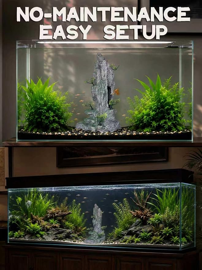 Aquarium Decor - Tall and Large Mountain Rock Ornament for Fish Tank, Aquarium Hideout with Rock Texture for Betta, Guppy, Shrimp - Safe Aquatic Decoration, Fish Hiding House（Grey）