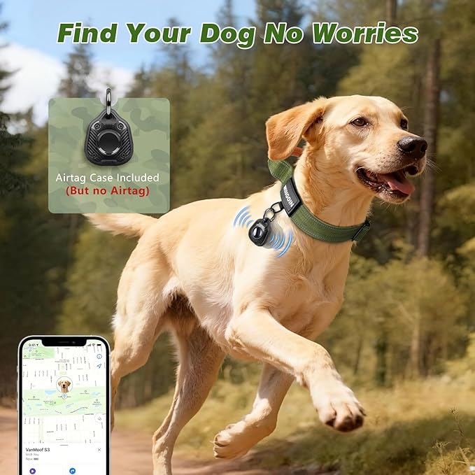 WINGOIN Tactical Dog Collar, Reflective Dog Collar with AirTag Holder for Large Dogs, Metal Buckle, Heavy Duty, Nylon Control Handle for Hunting, Training, Walking, Green, XL
