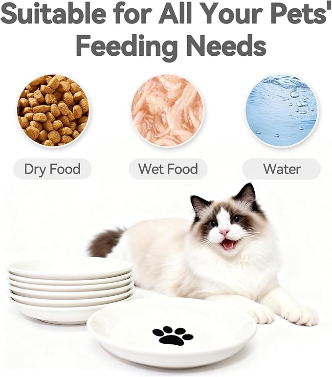 [8 Pack] Ceramic Cat Food Bowl, Cute Cat Bowls Whisker-Friendly, 5.9" Shallow Wide Kitten Plates, Easy to Clean Indoor Feeding Dishes