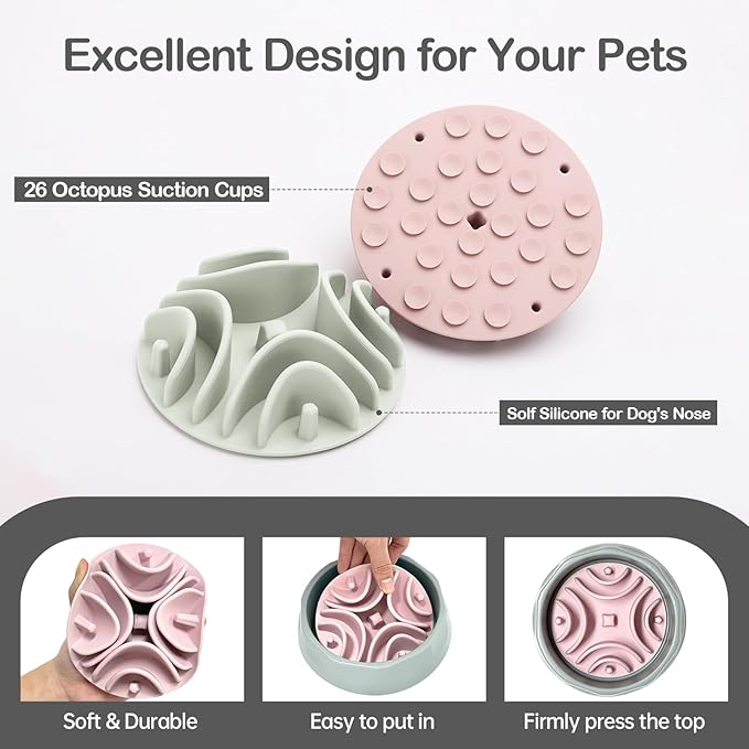 2 Pcs Slow Feeder Insert for Dog Bowl, Anti-Choking Silicone with Strong Suction Cups, Fits Most Dog Bowls, Ideal for Medium, Large Breeds (White+Pink)