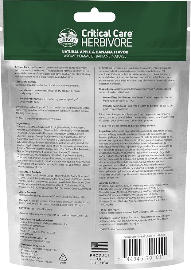 Oxbow Critical Care Herbivore Assist Feeding Formula for Rabbits & Guinea Pigs, High Fiber Timothy Hay Recovery Food, Natural Apple Banana Flavor, Vet Recommended Emergency Nutrition, 454g 2 Pack