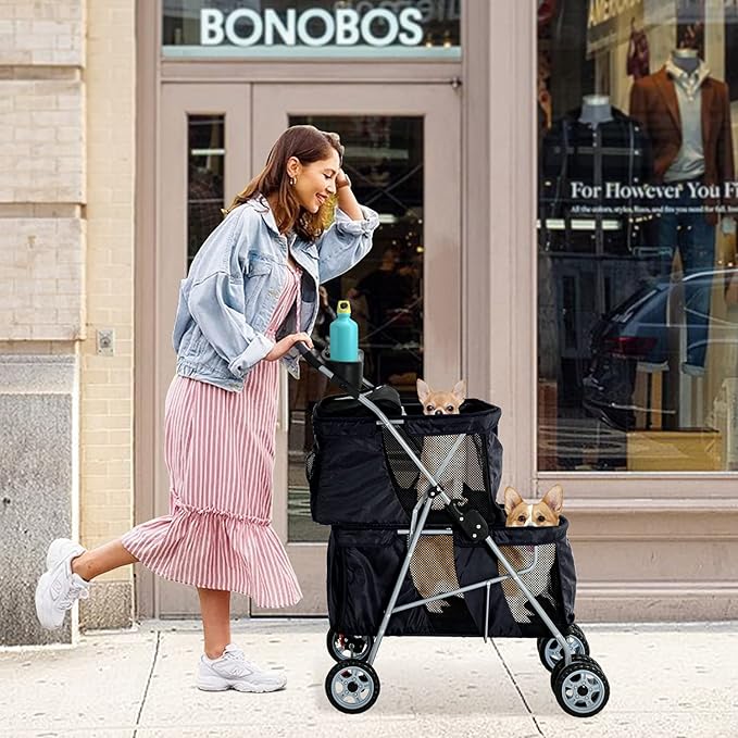 HCY Double Pet Stroller for Cats & Dogs - 4 Wheels, Lightweight, Waterproof for Travel & City Walk (Black)
