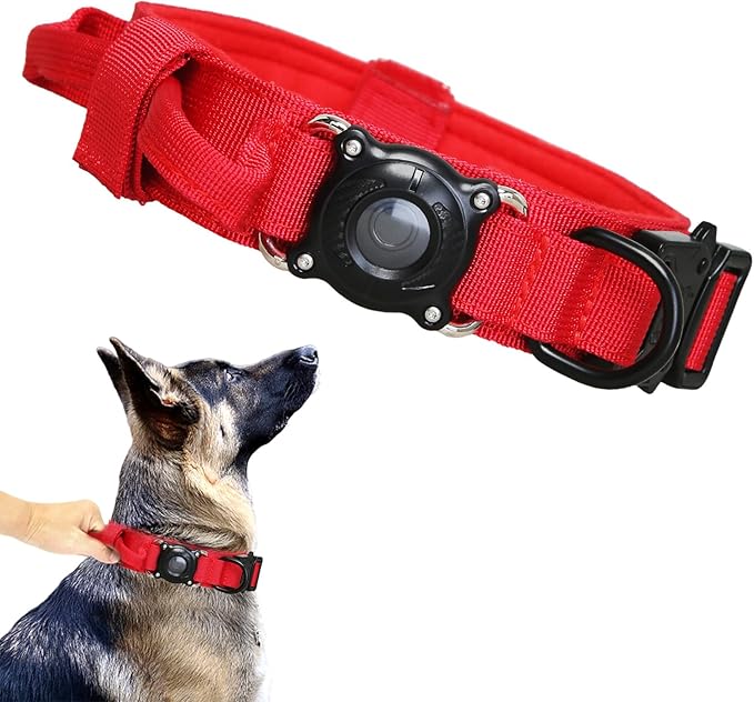 Upgraded AirTag Dog Collar,Waterproof Tactical Dog Collar with AirTag Holder, Control Handle and Metal Buckle,Heavy Duty Dog Collars for Large Dogs(Red，M