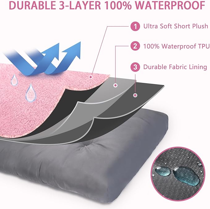 Dog Crate Bed Waterproof Deluxe Plush Dog Beds with Removable Washable Cover Anti-Slip Bottom Pet Sleeping Mattress for Large, Medium, Jumbo, Small Dogs, 35 x 22 inch, Pink