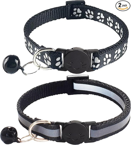 2 Pack Breakaway Cat Collars with Bells, Reflective Design and Claw Print Design, Safety Buckle, Adjustable 7.5-12.5 Inches for Kittens & Cats (Black)