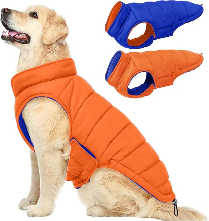 QBLEEV Reversible Dog Winter Coat, Waterproof Windproof Dog Jacket with Adjustable Fit & Leash Hole, Lightweight Warm Puffer Vest for Large Breeds, Orange, 2XL – Fits Labrador, Husky, Weimaraner