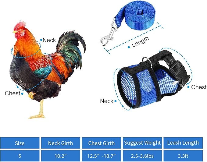 Chicken Harness (Medium, Blue) with Leash, Breathable, Adjustable, Comfortable for Chickens, Ducks, Geese, and Small Pets