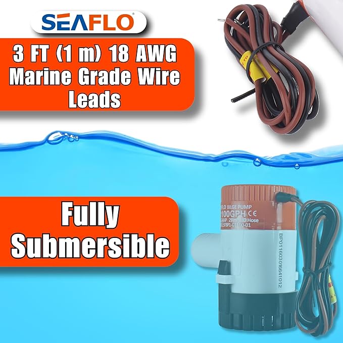 SEAFLO 01 Series 1100 GPH Bilge Pump – 12V, 1-1/8" Outlet, Marine Submersible Pump with Anti-Airlock Protection, CE & Rohs Certified, 4-Year Warranty | Reliable for Boats and Marine Applications