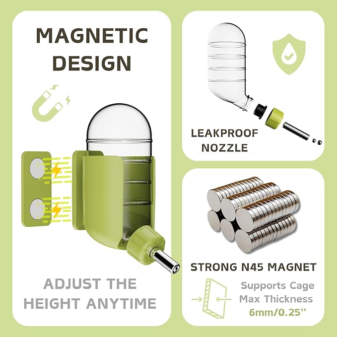 Hamster Water Bottle with Magnetic Holder, Freestanding Water Bottle for Glass Tanks, Suitable for Syrian Dwarf Hamsters Gerbils Mice Rats Degus (Green, 4 oz (Magnetic-Mounted))
