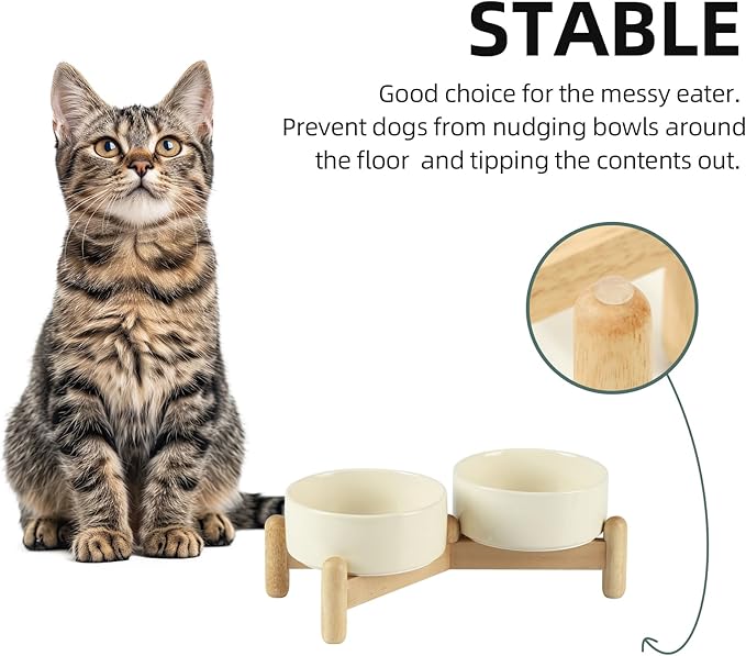 Havniva Ceramic 5.1inch Raised Double Bowls Set with Wooden Stand, Elevated Food & Water Bowls for Small Breed Dogs, Cats, Kitty, Weighted Dog Dishes, Pet Bowls(13.5oz, Light Yellow)