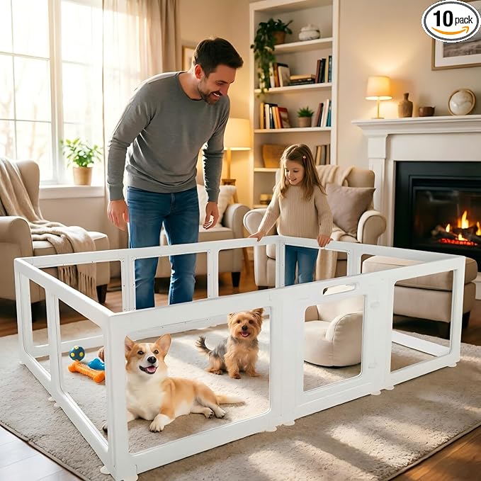 Clear Acrylic Plastic Dog Playpen with Door, 23.6"H Transparent DIY Puppy Cat Pet Play Pen, Modular Fence for Dog, Cat, Pig, Rabbit, Ferret, Easy Assemble Dog House Crate Kennel Whelping Cage