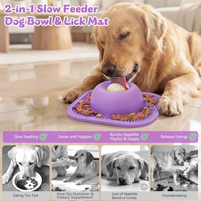 PetsHome Slow Feeder Dog Bowls & Lick Mat for Liquid and Thick Treat, Anti-Slip Dog Lick Bowl with Interactive Rolling Ball, 5/6 Cup Pup Licking Toy for Large Medium Small Dogs and Cats Purple