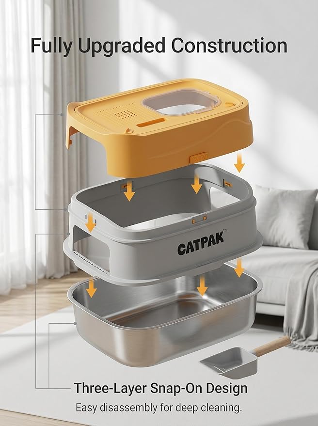 Stainless Steel Cat Litter Box with Removable Cover – Large Enclosed Litter Box with Front & Top Entry, Includes Litter Mat and Scoop for Easy Cleaning (X-Large)