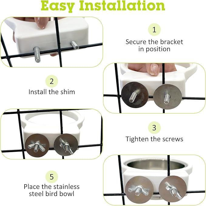 Stainless Steel Bird Bowls for Cage 2 Pcs Parrot Feeding Dish Metal Food and Water Cups Detachable Birds Cage Feeder Hanging Finch Food Plates with Perch for Parakeet Budgie Lovebird (White)