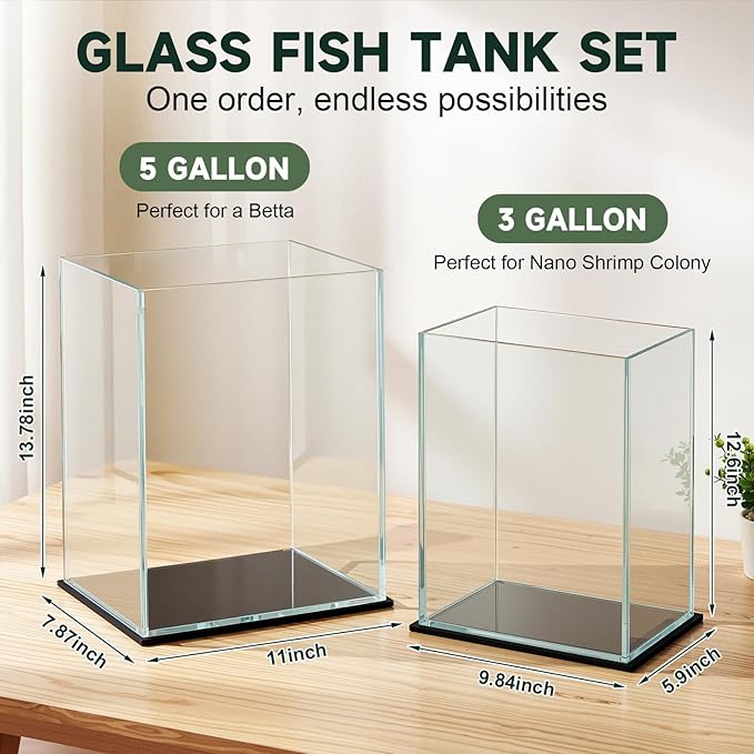 Geelin 2 Pack Rectangular Glass Fish Tank Set 3 Gallon and 5 Gallon Clear Rimless Small Aquarium for Betta Goldfish Snails Shrimp Aquatic Planting Easy to Maintain with 2 Non Slip Pads