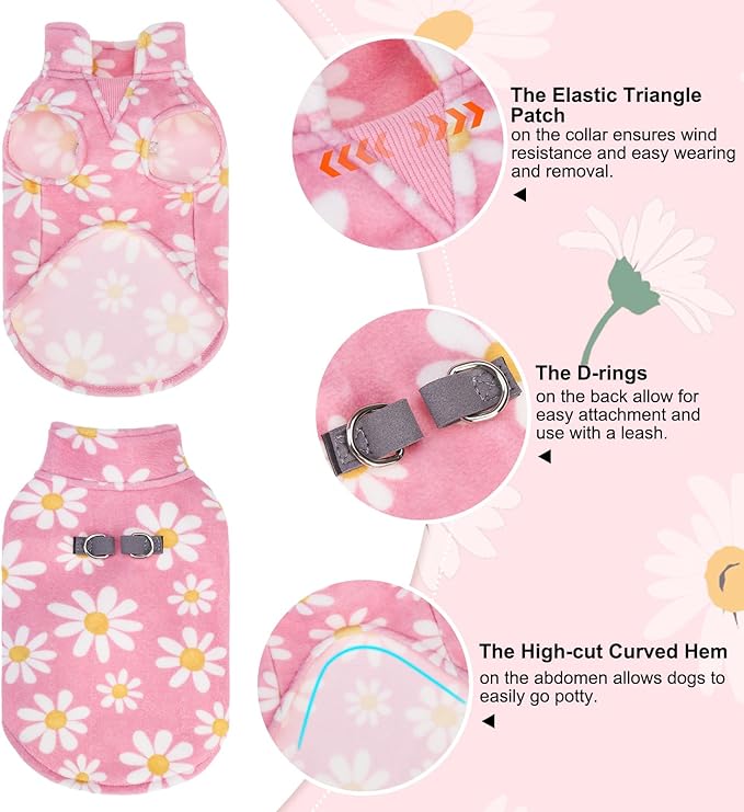 BEAUTYZOO Dog Fleece Vest Sweater Winter Jacket for Small and Medium Dogs with D-Ring Leash Cold Weather Coat Hoodie for XS S M Dogs Boy or Girls,Pink Daisy L
