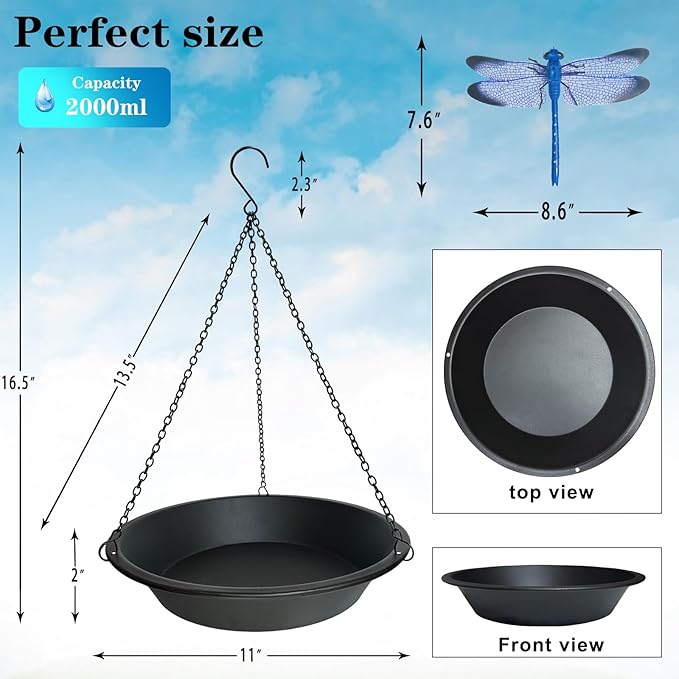 Hanging Bird Bath for Outdoors 11.4 inch Birdbath Bowl Window Birds Feeder with Rust-Proof Black Chains Hooks Metal BirdBaths Hanging Bird-Feeder for Garden Backyard Decor Metallic Black