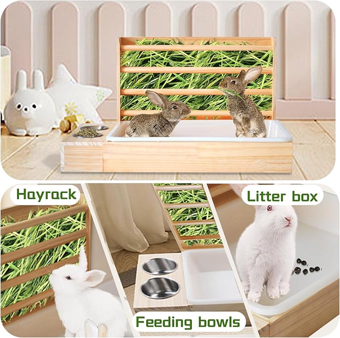 Rabbit Hay Feeder with Litter Box, 3 in 1 Wooden Bunny Feeder, Small Animal Hay Holder Rack for Rabbit, Guinea Pig, Hamster, Ferrets