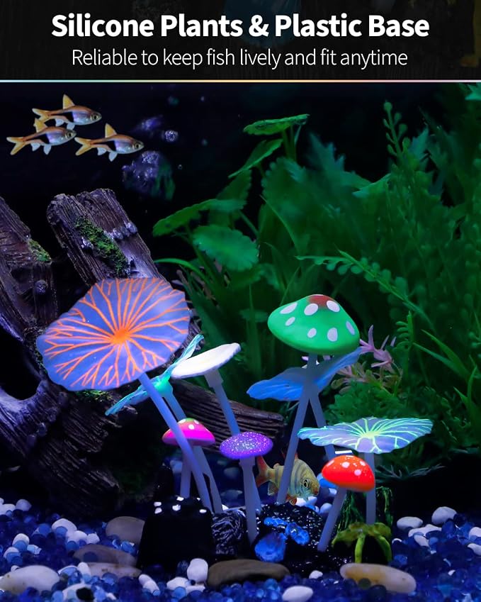 Uniclife Aquarium Coral Plant Ornament with Glowing Effect Imitative Mushroom Lotus Leaf Decoration Addition Colorful Lifelike Silicone Decor for Fish Tank Landscape