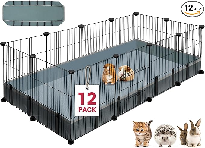 VISCOO 12 Panels Small Animal Playpen, 48" x 24" x 16" Pet Playpen with Waterproof Mat, C&C Cage for Guinea Pigs, Puppy Play Pen, Bunny Playpen, Indoor Outdoor Portable Metal Wire Yard Fence