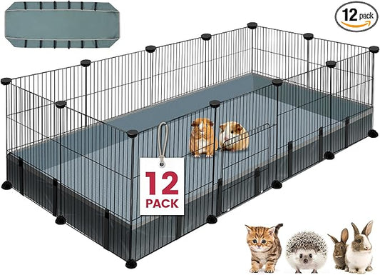 VISCOO 12 Panels Small Animal Playpen, 48" x 24" x 16" Pet Playpen with Waterproof Mat, C&C Cage for Guinea Pigs, Puppy Play Pen, Bunny Playpen, Indoor Outdoor Portable Metal Wire Yard Fence